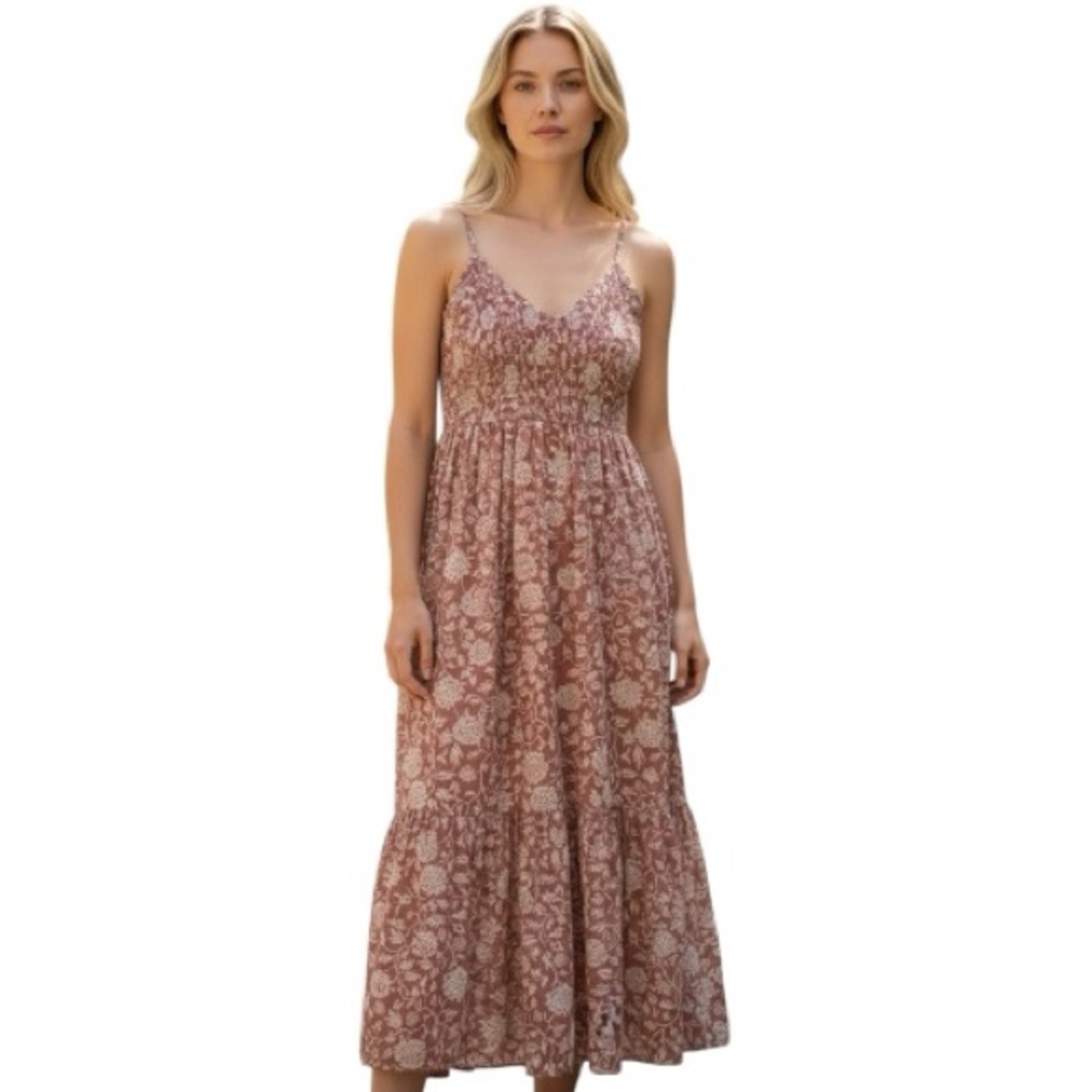 Aritzia Wilfred Floral Smocked Maxi Dress M Pink Mauve Boho Tiered Sundress Gift